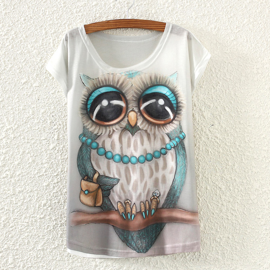 Title 4, Owl Print Bat Short-sleeved T-shirt With Necklace