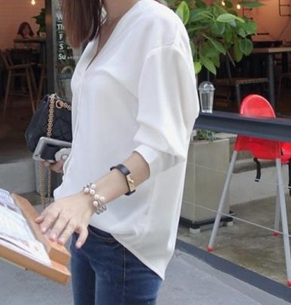 Spring And Summer New All-match Long-sleeved Korean Loose V-neck Bow Tie Shirt Women