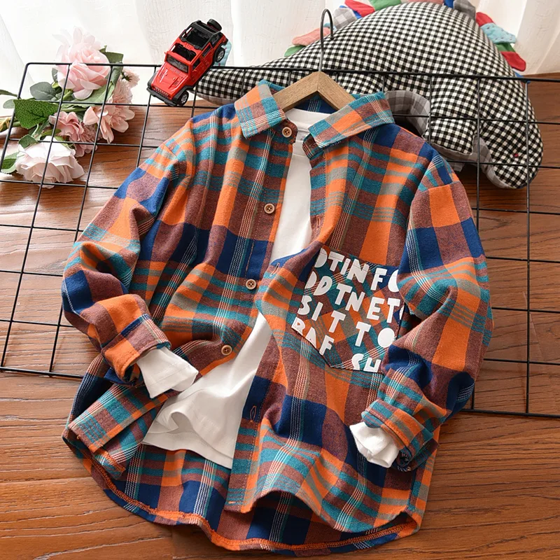 Check Lapel Long Sleeve Top Cotton Printed Children's Bottoming
