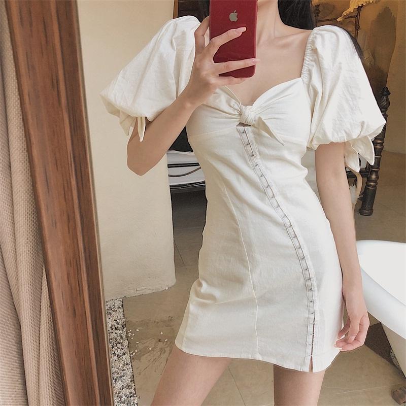 Puff Sleeve Retro Little Fragrant Temperament Short Skirt New Waist Thin French Dress