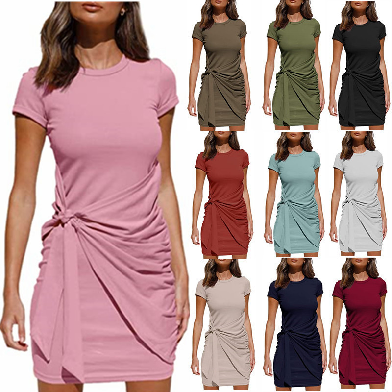 Short Sleeved Round Neck Pleated Bow Knot Belted Irregular Dress