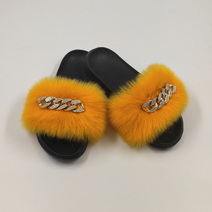 Plush Chain Imitation Fox Fur Flip Flops Fashion Fur Slippers Ginger 44Or45 - Shop at LoveMi