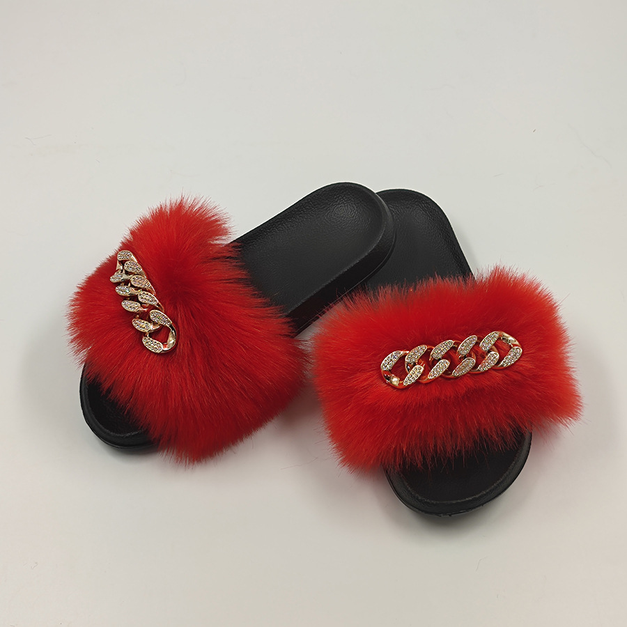 Plush Chain Imitation Fox Fur Flip Flops Fashion Fur Slippers Red - Shop at LoveMi