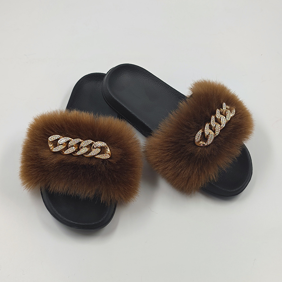 Plush Chain Imitation Fox Fur Flip Flops Fashion Fur Slippers Coffee - Shop at LoveMi