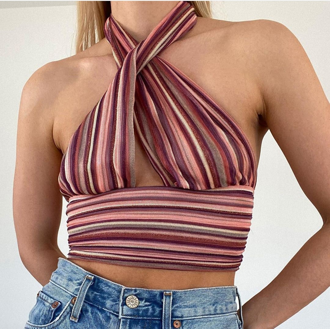 Title 4, Explosive Style Halter Striped Halter Neck Stra...