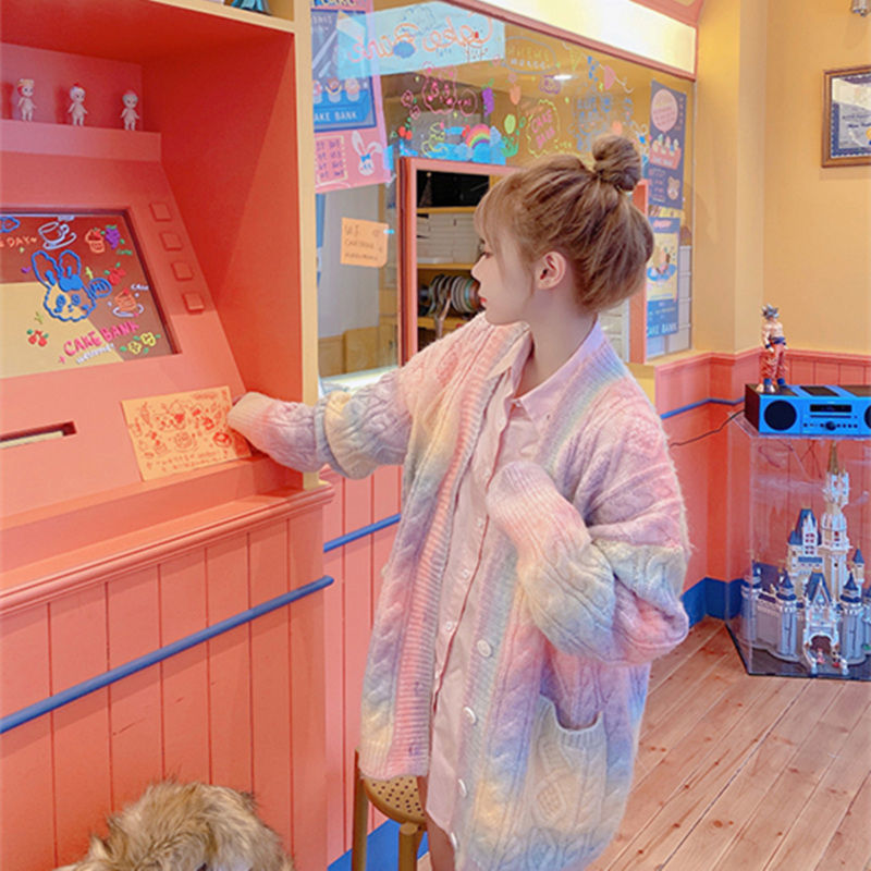 College Wind Rainbow Long-sleeved Knitted Sweater Coat Loose And Lazy