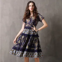 Fringed Lace Stitching Big Swing Skirt Retro Round Neck Dress - Color - View 1