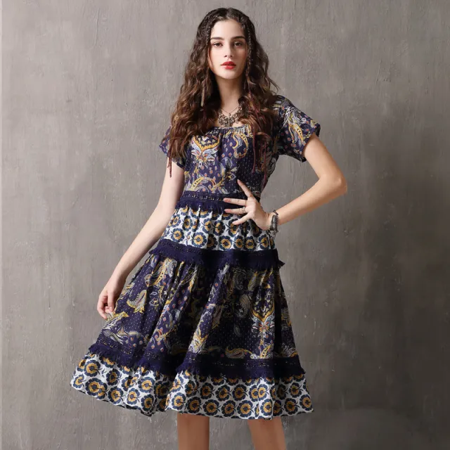 Fringed Lace Stitching Big Swing Skirt Retro Round Neck Dress Color - Shop at LoveMi