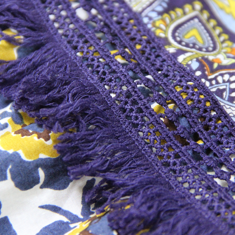 Fringed Lace Stitching Big Swing Skirt Retro Round Neck Dress