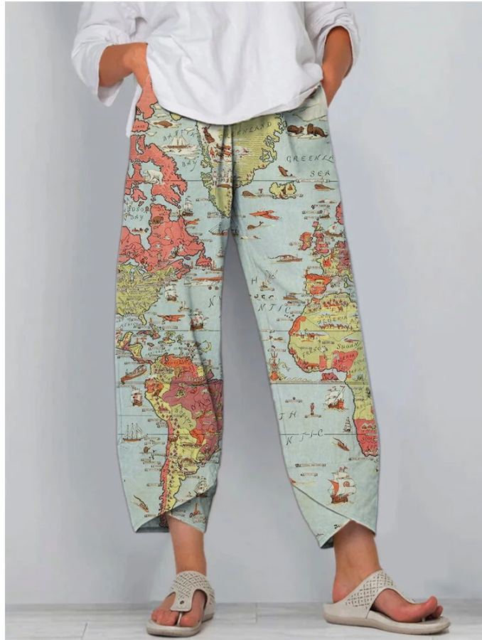 Title 4, Map Art Loose Printed Elastic Waist Women