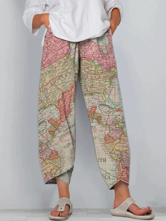 Map Art Loose Printed Elastic Waist Women's Pants