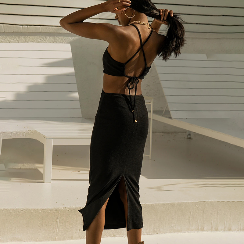 European And American Style Fashion Stitching Slim Halter Back Split Dress