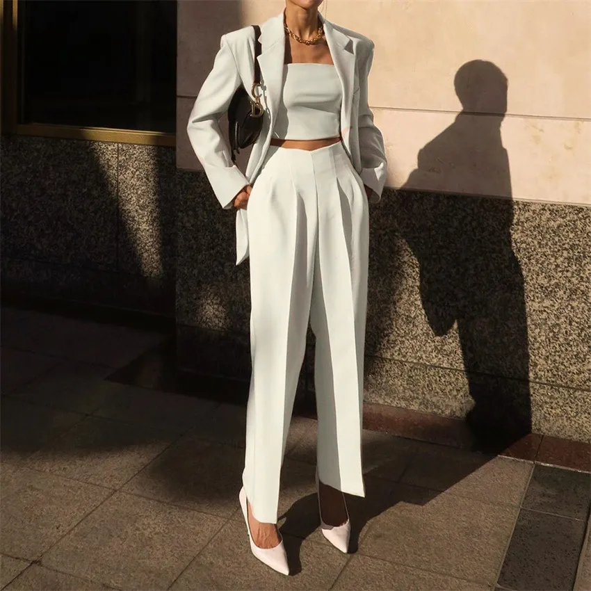 Beautiful Cigarette Tube Pleated Elastic Straight Leg Ladies Casual Pants Suit Trousers - White