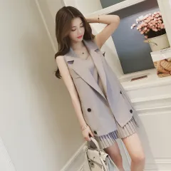Vintage Mini Pleated Dress Suits With Double Breasted Blazer Jacket - Blue - View 1