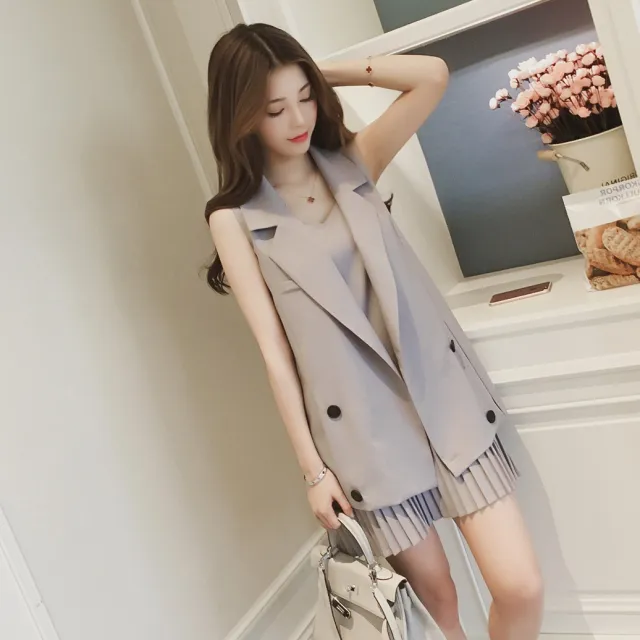 Vintage Mini Pleated Dress Suits With Double Breasted Blazer Jacket Blue - Shop at LoveMi
