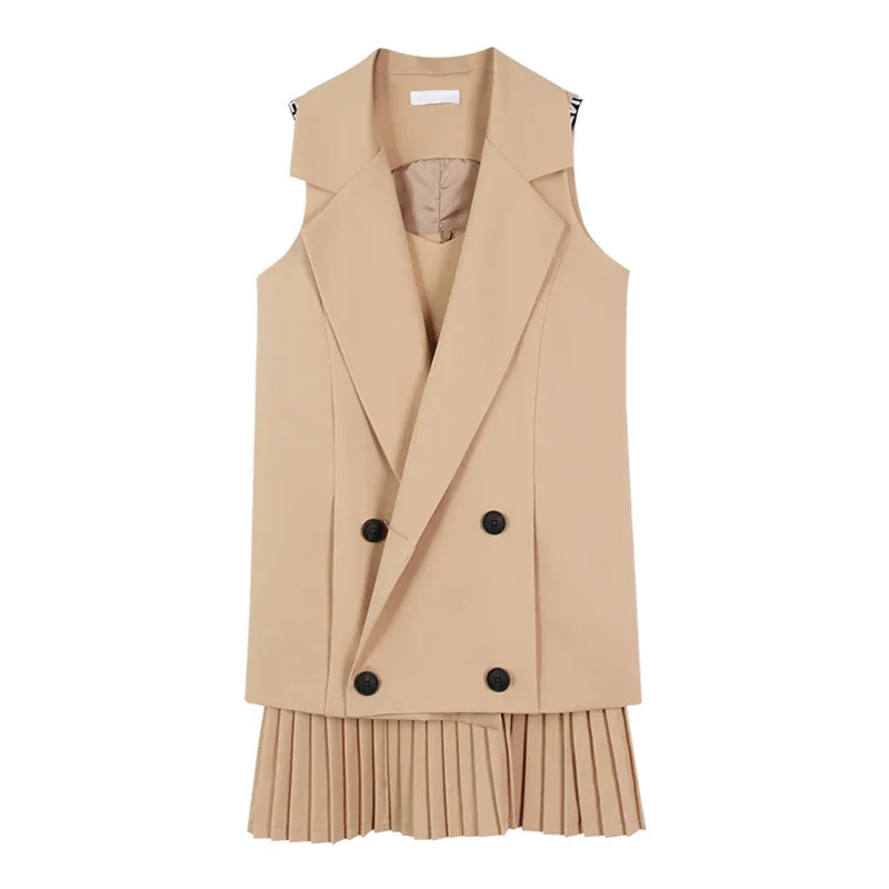 Vintage Mini Pleated Dress Suits With Double Breasted Blazer Jacket - Khaki