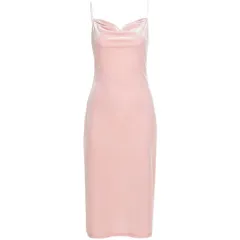 Dulzura Velvet Solid Women Strap Midi Dress Slit Stacked Loose - Pink - View 1