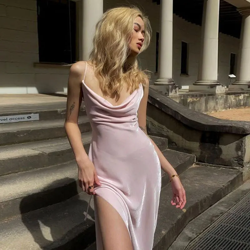 Dulzura Velvet Solid Women Strap Midi Dress Slit Stacked