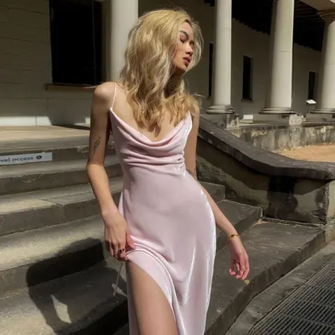 Dulzura Velvet Solid Women Strap Midi Dress Slit Stacked
