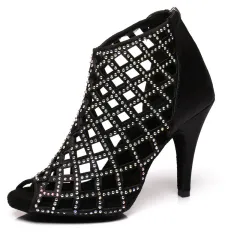 Satin Hot Rhinestone Latin Dance Shoes With High Heels - Black - View 1