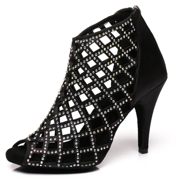 Satin Hot Rhinestone Latin Dance Shoes With High Heels Black - Shop at LoveMi