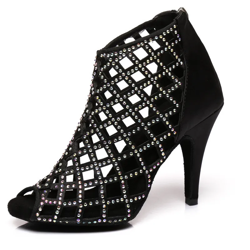 Satin Hot Rhinestone Latin Dance Shoes With High Heels - Black
