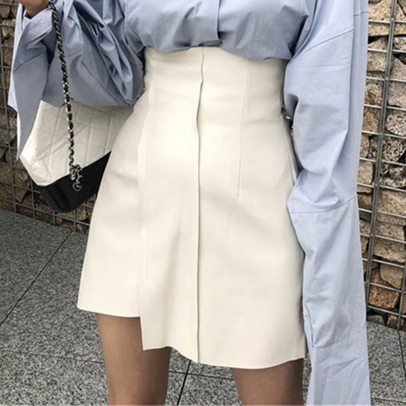  New Summer Women's Leather Skirt Pu Leather Black White High Waist