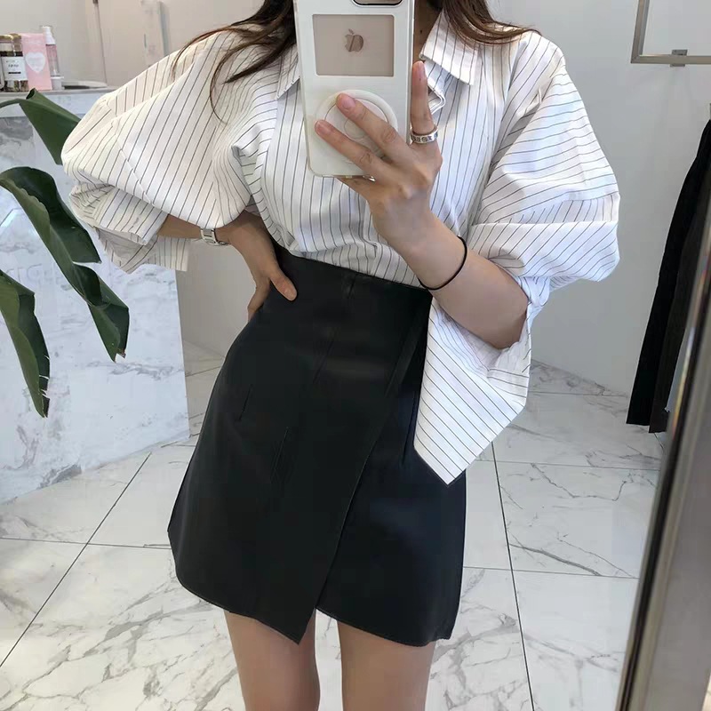  New Summer Women's Leather Skirt Pu Leather Black White High Waist