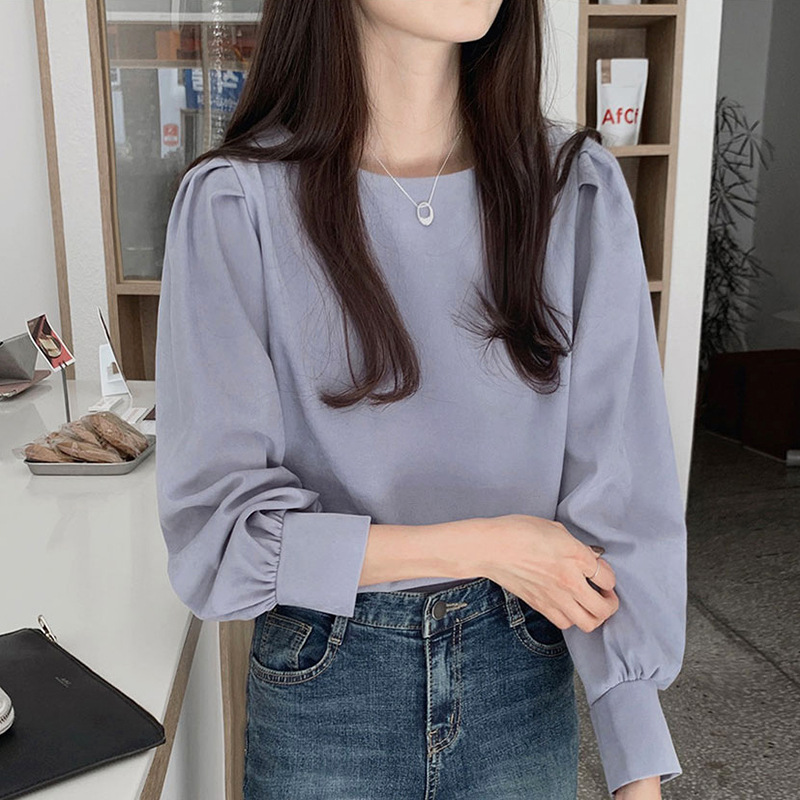 Simple And Loose Round Neck Long-sleeved Blouse