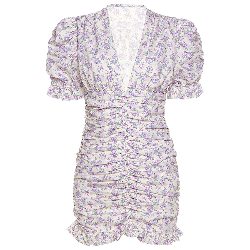 V-Neck Puff-Sleeve Slim-Fit Bag Hip Dress With Wooden Ears