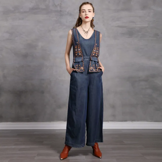 Personalized Women's Spring And Summer New Denim Trousers Retro Embroidery High Waist Jumpsuit Blue - Shop at LoveMi