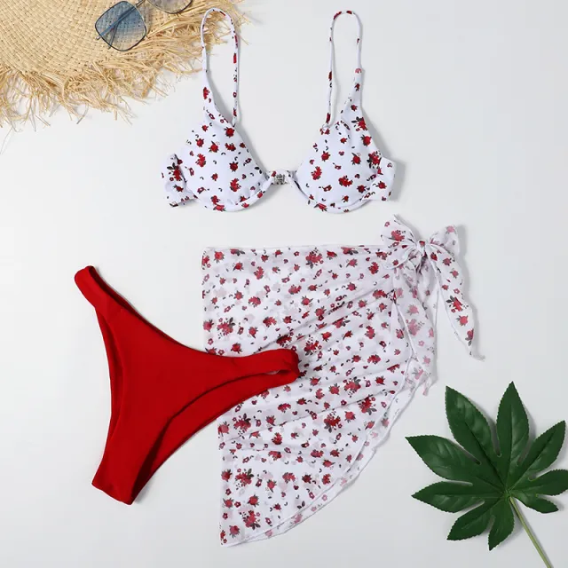 Split Printed Three piece Swimsuit One piece Bikini Red - Shop at LoveMi