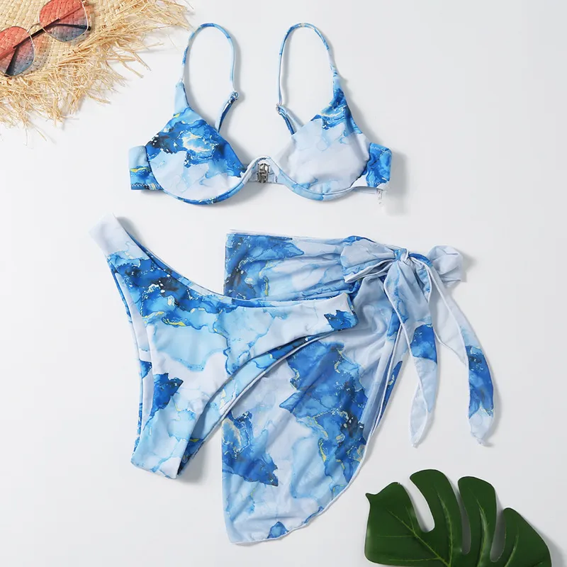 Split Printed Three-piece Swimsuit One-piece Bikini - Blue