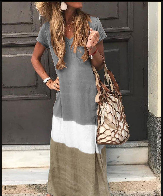 Women's Long Stitching Multicolor V Neck Short Sleeved Long Skirt