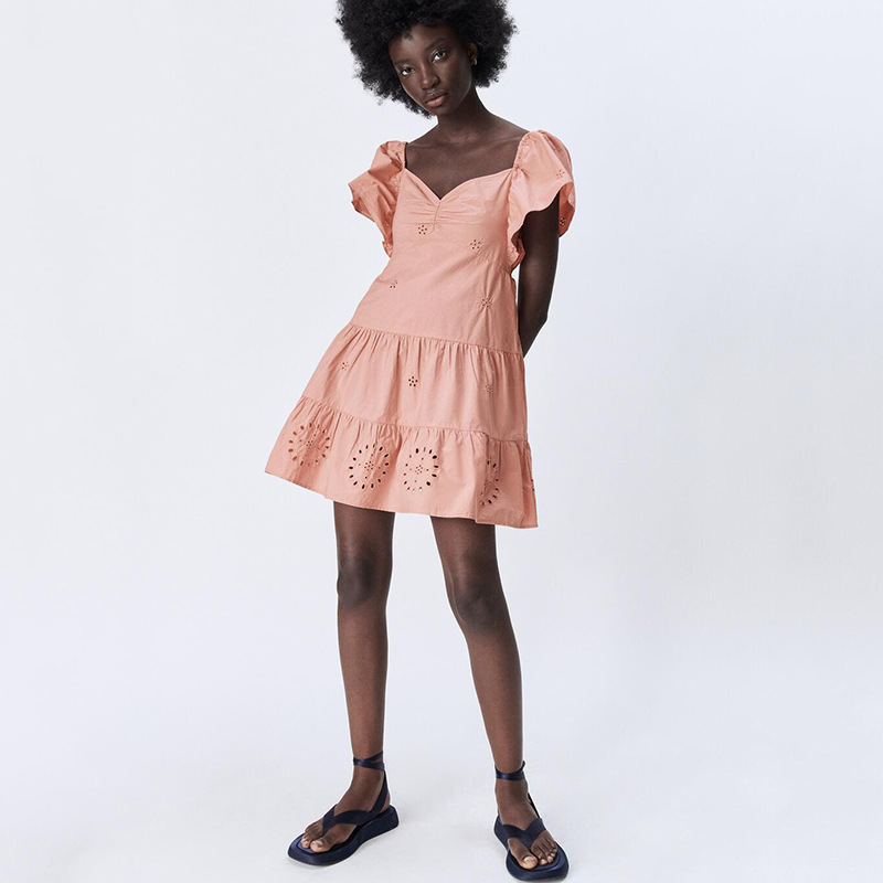 Short-sleeved Half-open Collar Cut-out Embroidery Dress — image 1