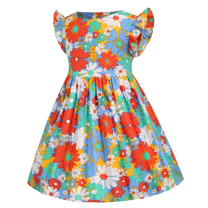 Summer New Style Little Flying Sleeves Hit Color Printing Girls Dress
