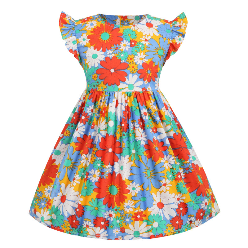 Summer New Style Little Flying Sleeves Hit Color Printing Girls Dress