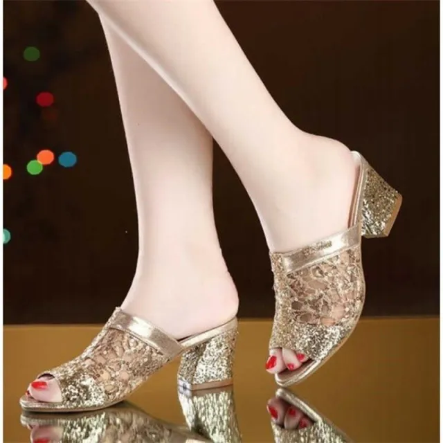 Mules Heeled Sandals Mules Sparkly Sequin Chunky Heel Peep toe Lace Shoes Daily Party Gold - Shop at LoveMi