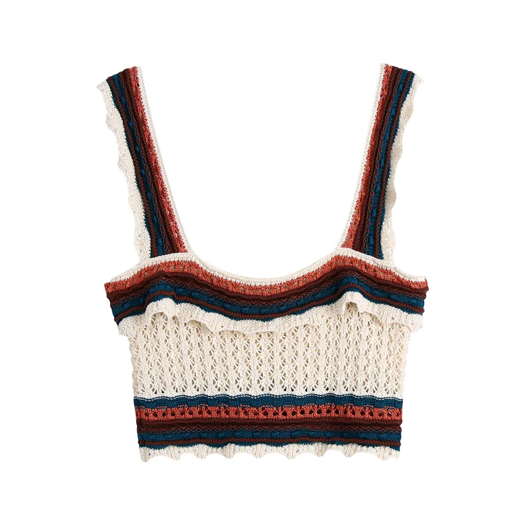 Women Fashion Color Match Crochet Short Vest Thin Sweater Ladies - Colorful