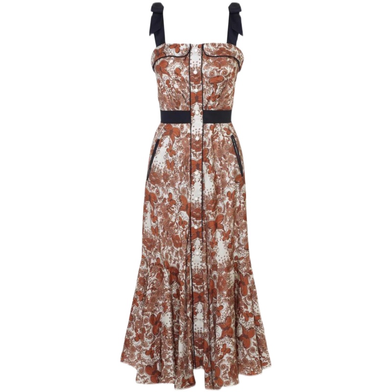 Contrasting Color High Waist Printed Suspender Dress Midi Skirt