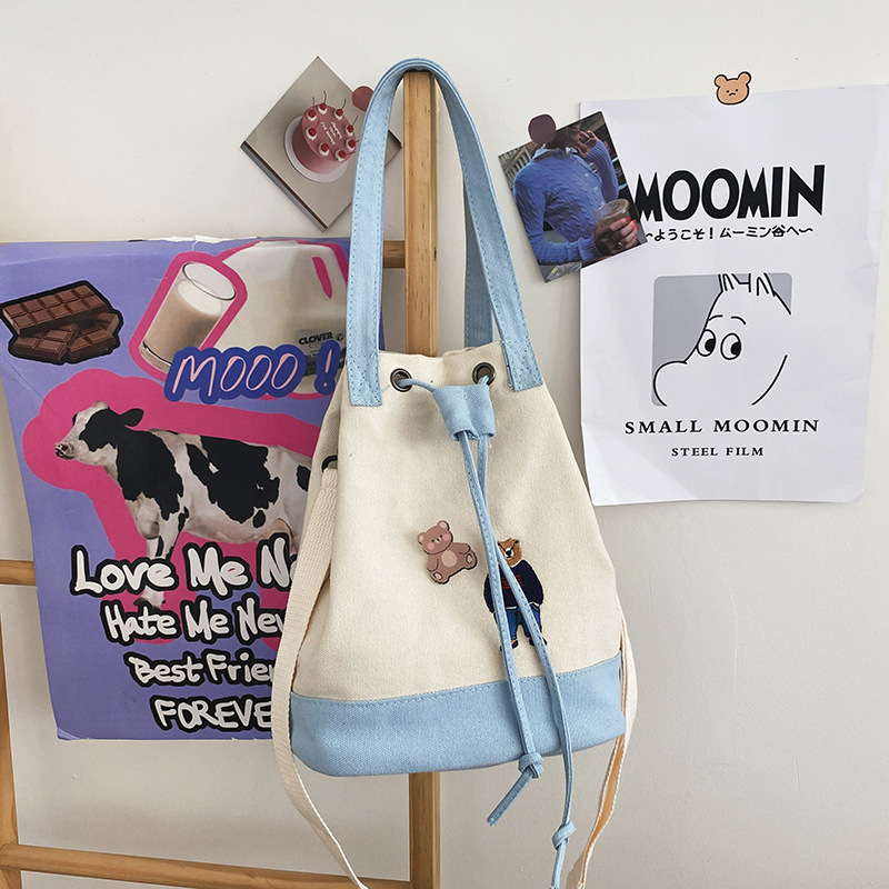 Cute And Cute Cartoon Embroidery Bear Drawstring Bucket Bag Soft Girl Student Canvas Bag