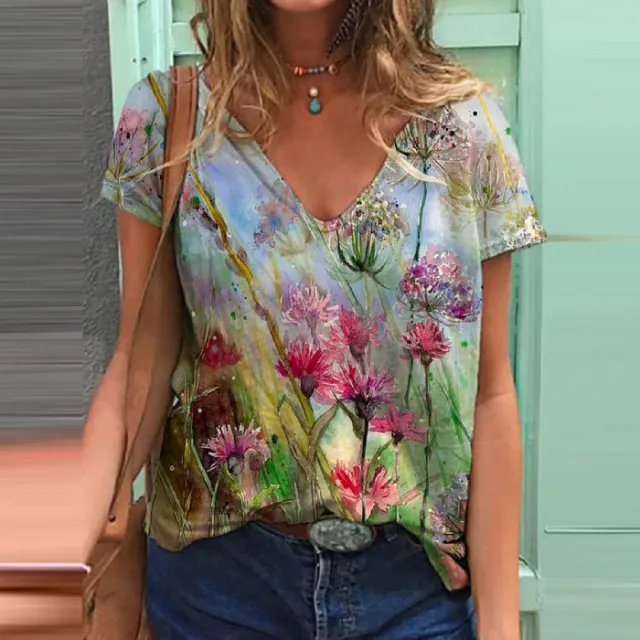 Summer Women's Top Casual Short Sleeved V Neck Printed T Shirt Pink - Shop at LoveMi