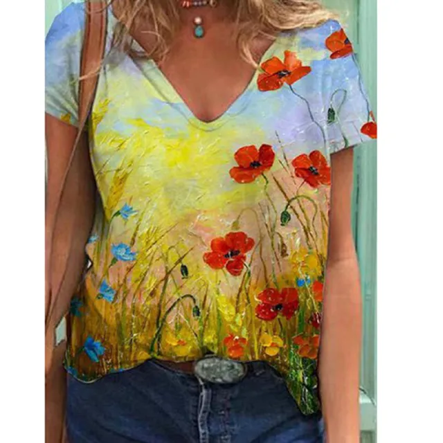 Summer Women's Top Casual Short Sleeved V Neck Printed T Shirt Yellow - Shop at LoveMi