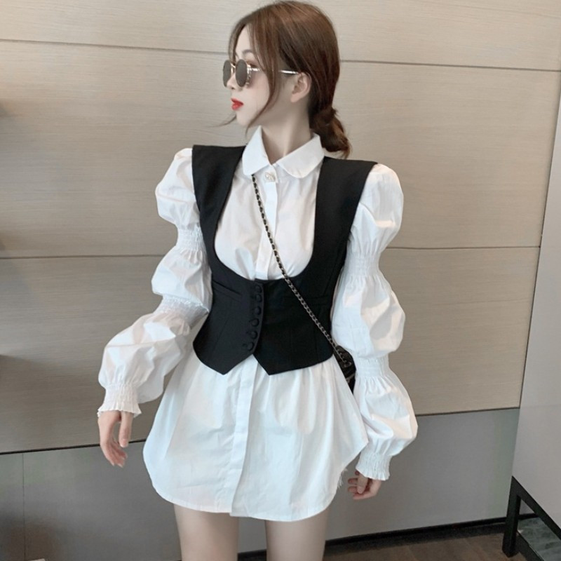 Sleeve Temperament Goddess Fan White Shirt And Vest Two-piece Suit