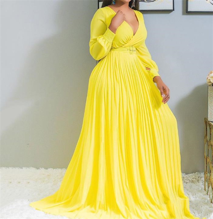 African Fashion Woman V-neck Long-sleeved Long Dress Yellow - Image 2