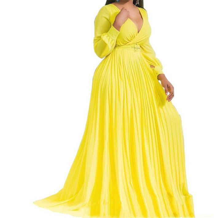 African Fashion Woman V-neck Long-sleeved Long Dress Yellow - Image 1