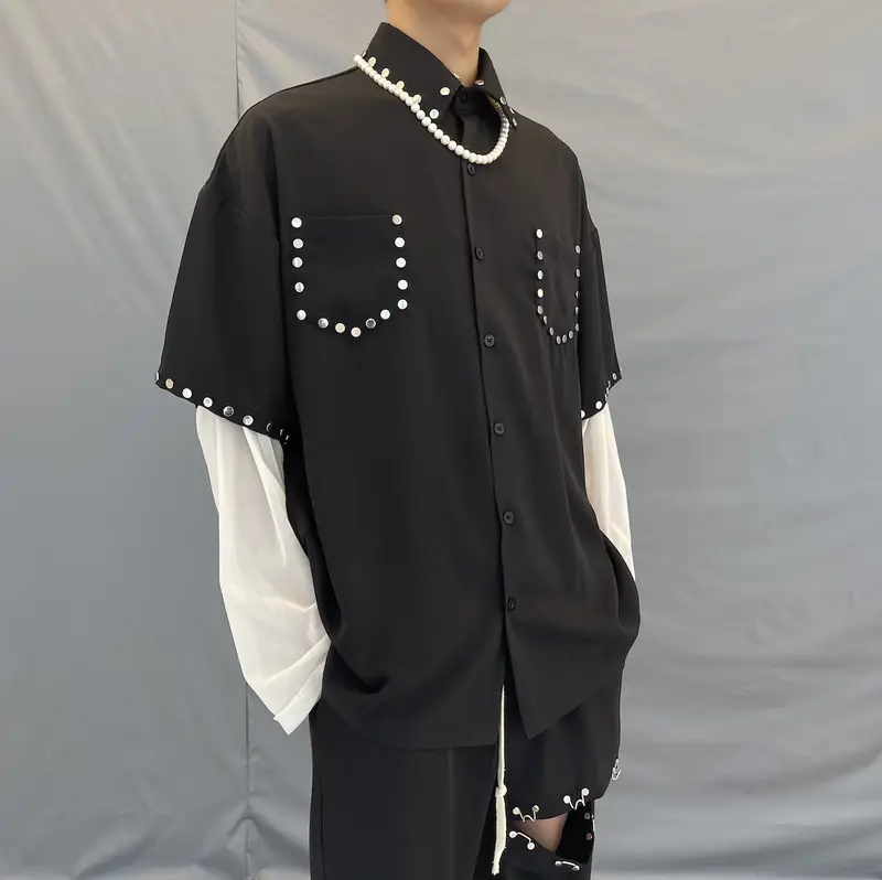 Black Drape Breathable Rivet Nail Metal Punk Rock Short Sleeve Shirt