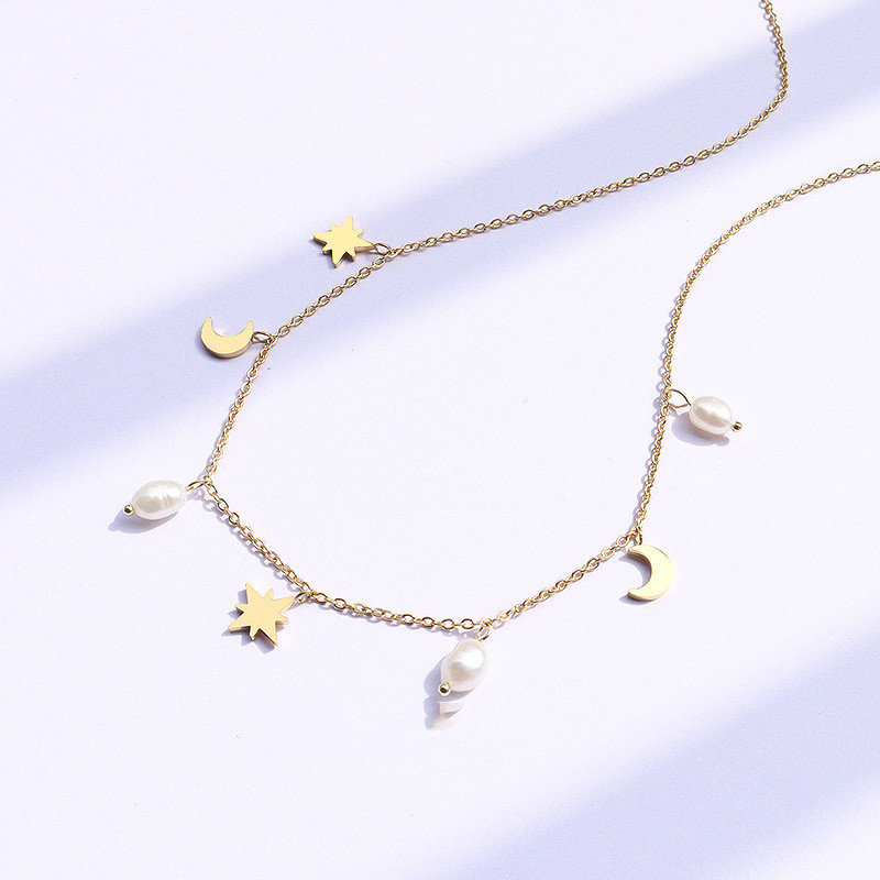 With Stars, Moon, Pearl And Tassel Clavicle Necklace