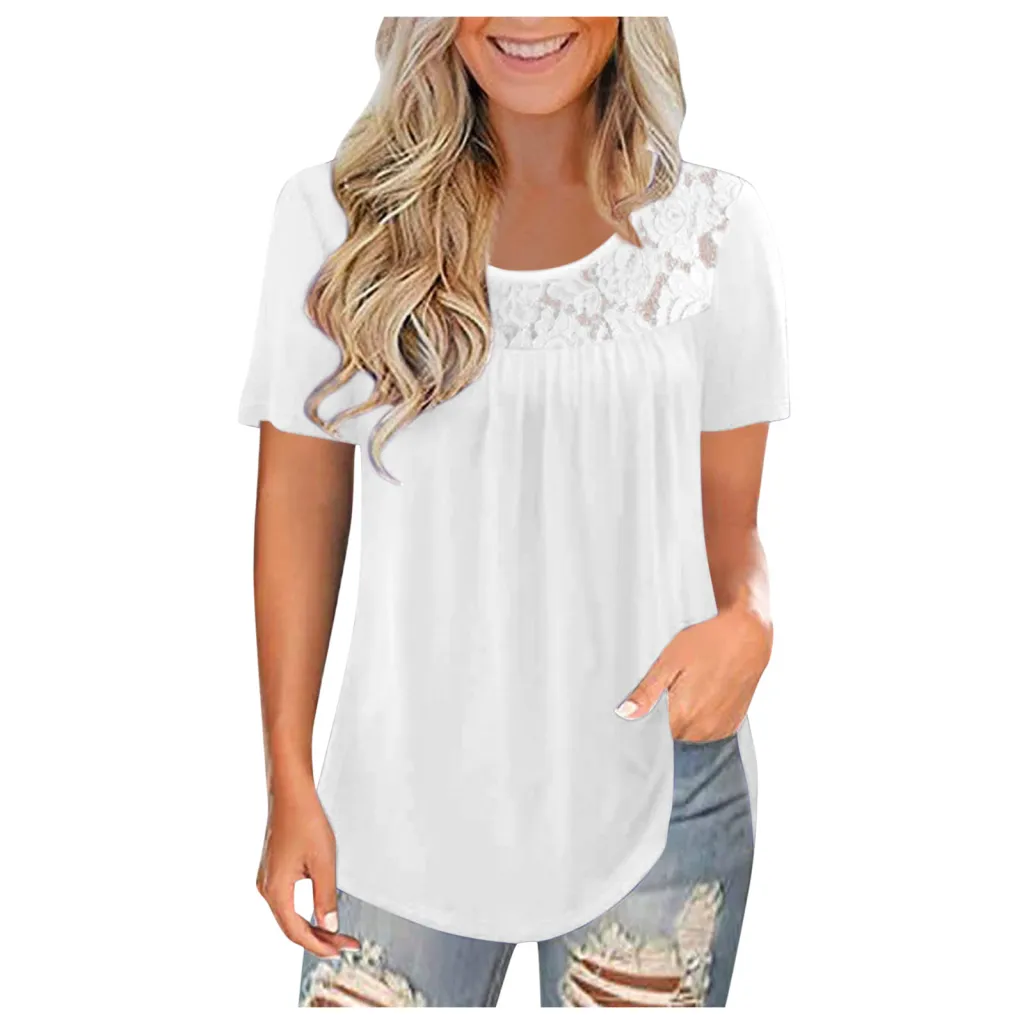 Women's Plus Size Short Sleeved Lace Pleated Shirt Summer Shirt Top - White