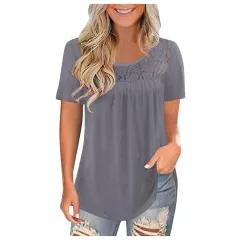 Women's Plus Size Short Sleeved Lace Pleated Shirt Summer Shirt Top - Grey - View 1